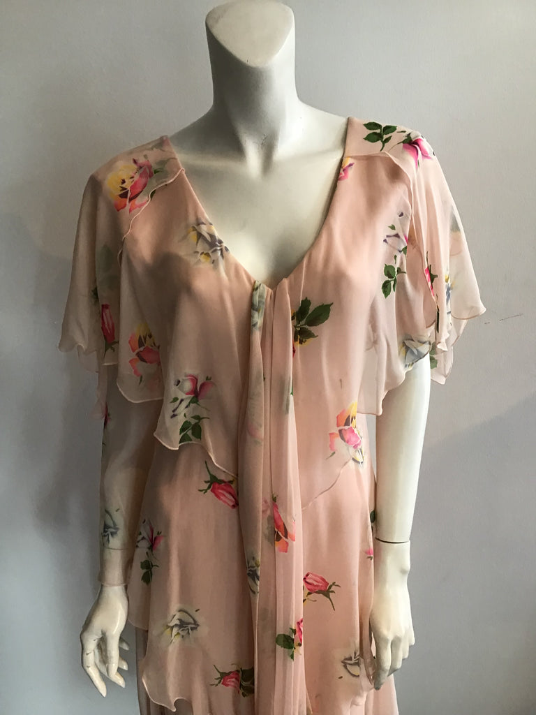 1980's Holly Harp Silk Chiffon Pink Floral Tiered Dress Size 8/9