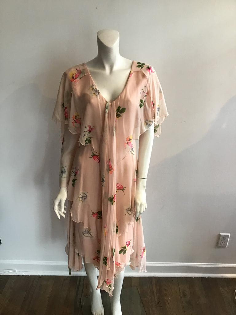 1980's Holly Harp Silk Chiffon Pink Floral Tiered Dress Size 8/9