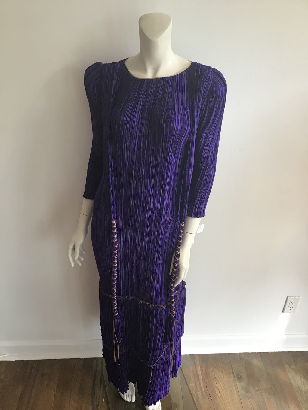 1980's Mary McFadden Couture Royal Purple Silk Pleated Gown with gold detailling -size 6