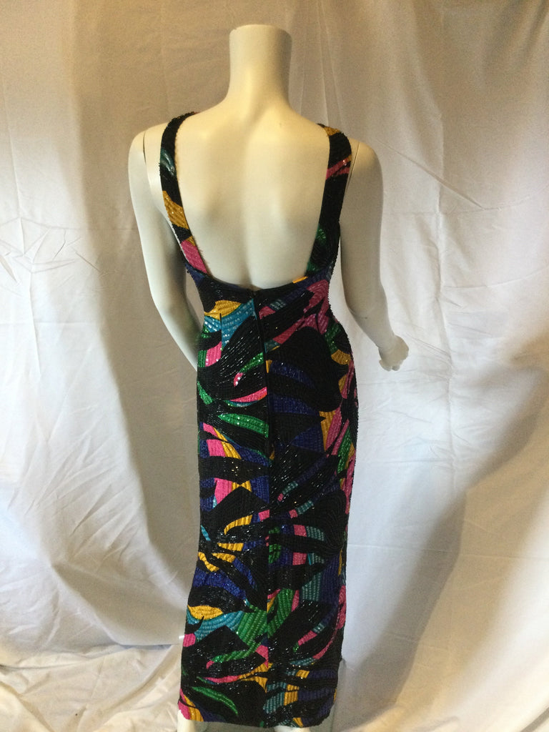 1980's Michael Novarese Beaded Black Multicolor Halter Dress-size 6
