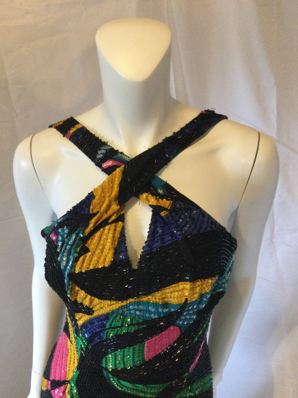 1980's Michael Novarese Beaded Black Multicolor Halter Dress-size 6