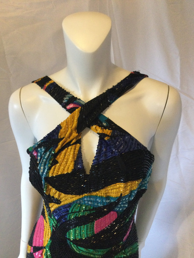 1980's Michael Novarese Beaded Black Multicolor Halter Dress-size 6