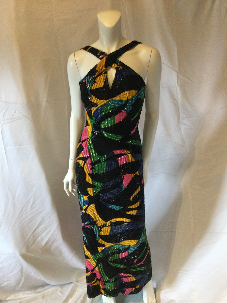 1980's Michael Novarese Beaded Black Multicolor Halter Dress-size 6