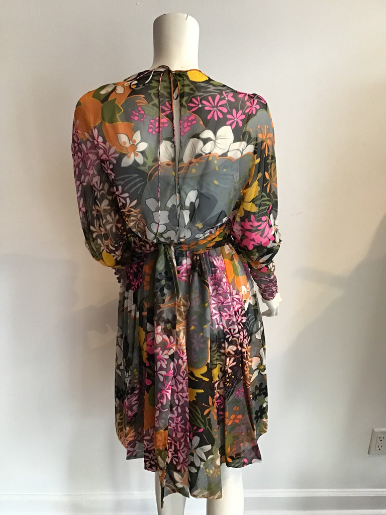 1980's Multicolor Silk Chiffon Floral Dress Size 7/8