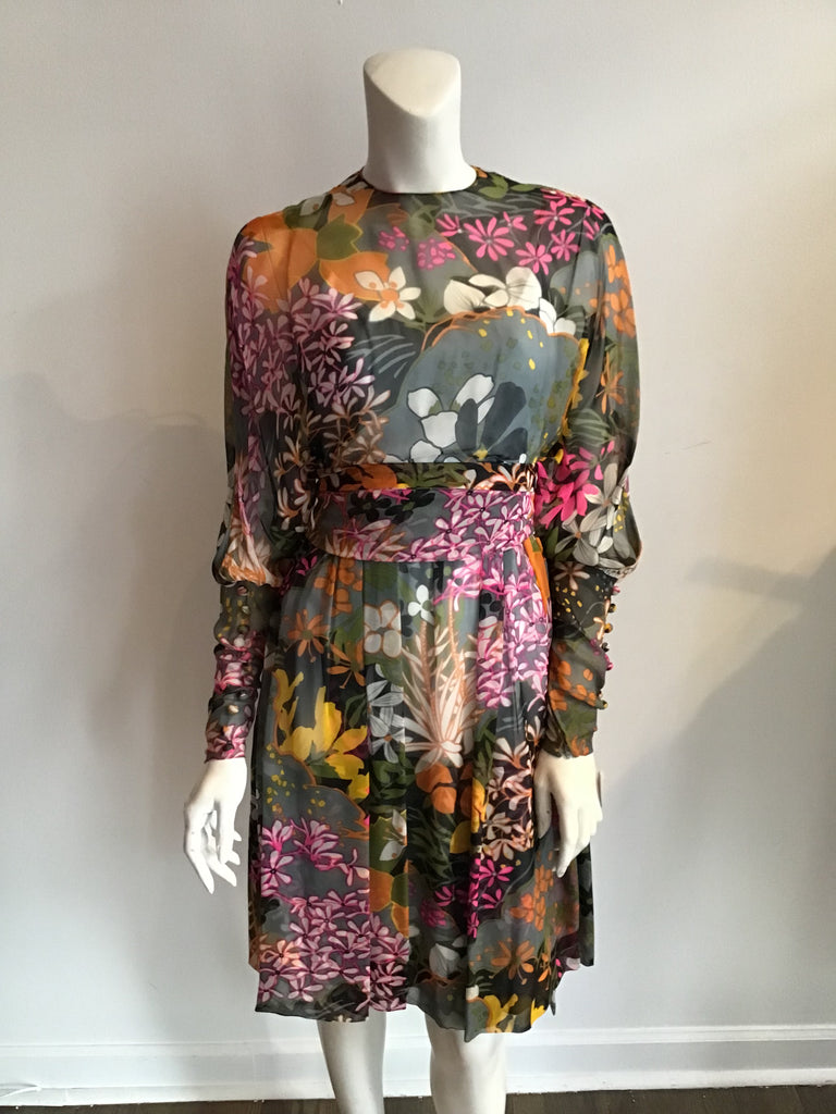 Floral silk chiffon 1980s cocktail dress1980's Multicolor Silk Chiffon Floral Dress Size 7/8