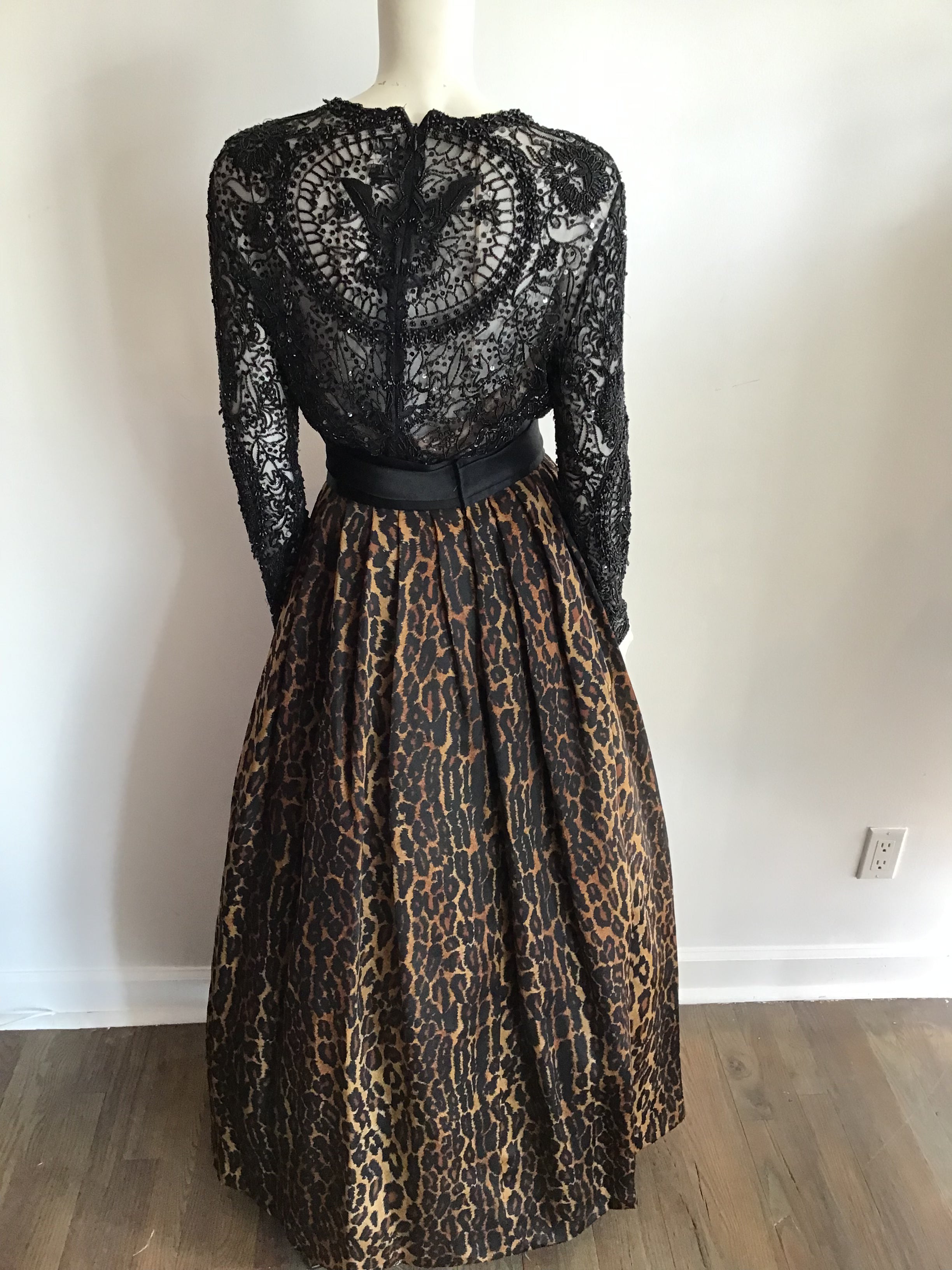 1980s Naeen Kahn Silk Leopard print skirt with Black beaded on net blouse