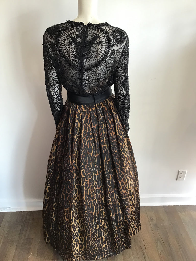 1980s Naeen Kahn Silk Leopard print skirt with Black beaded on net blouse