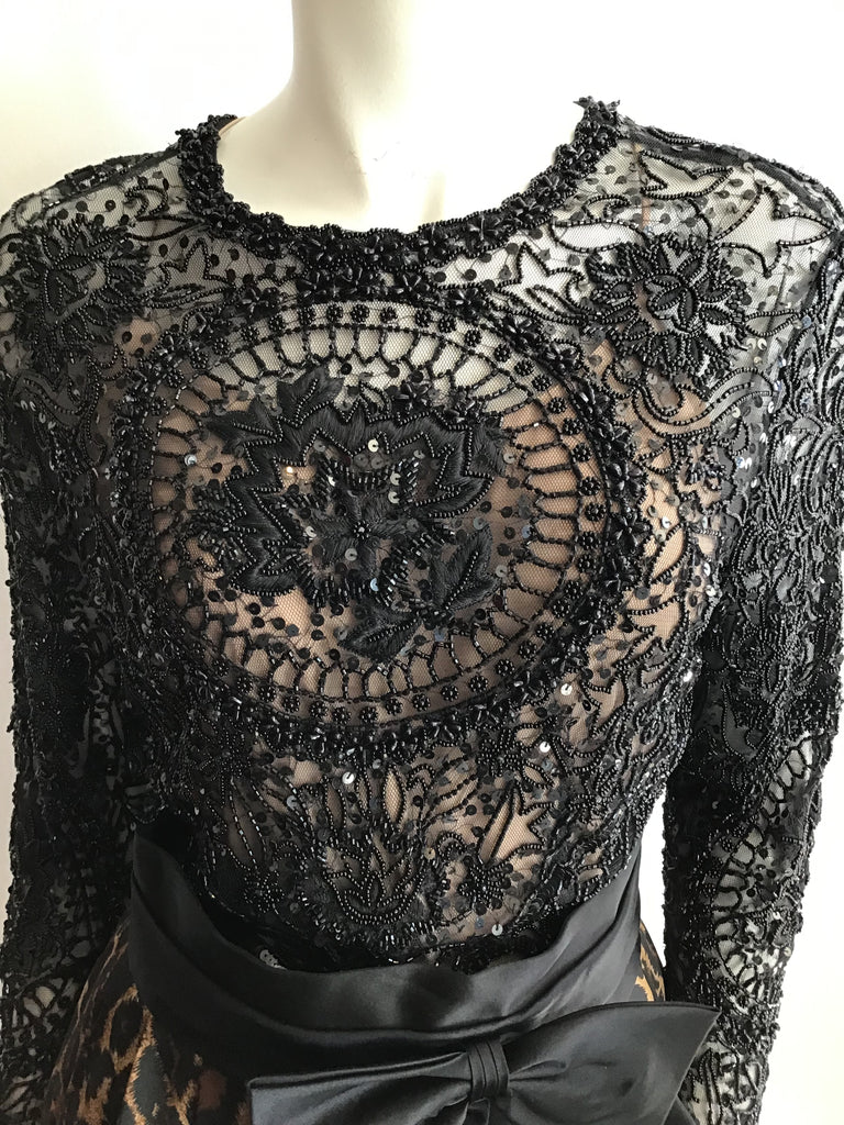 1980's Naeem Khan Silk Leopard Skirt and Black Beaded Top Ensemble-8