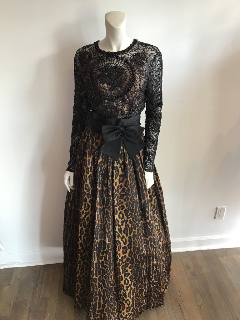 1980's Naeem Khan Silk Leopard Skirt and Black Beaded Top Ensemble-8