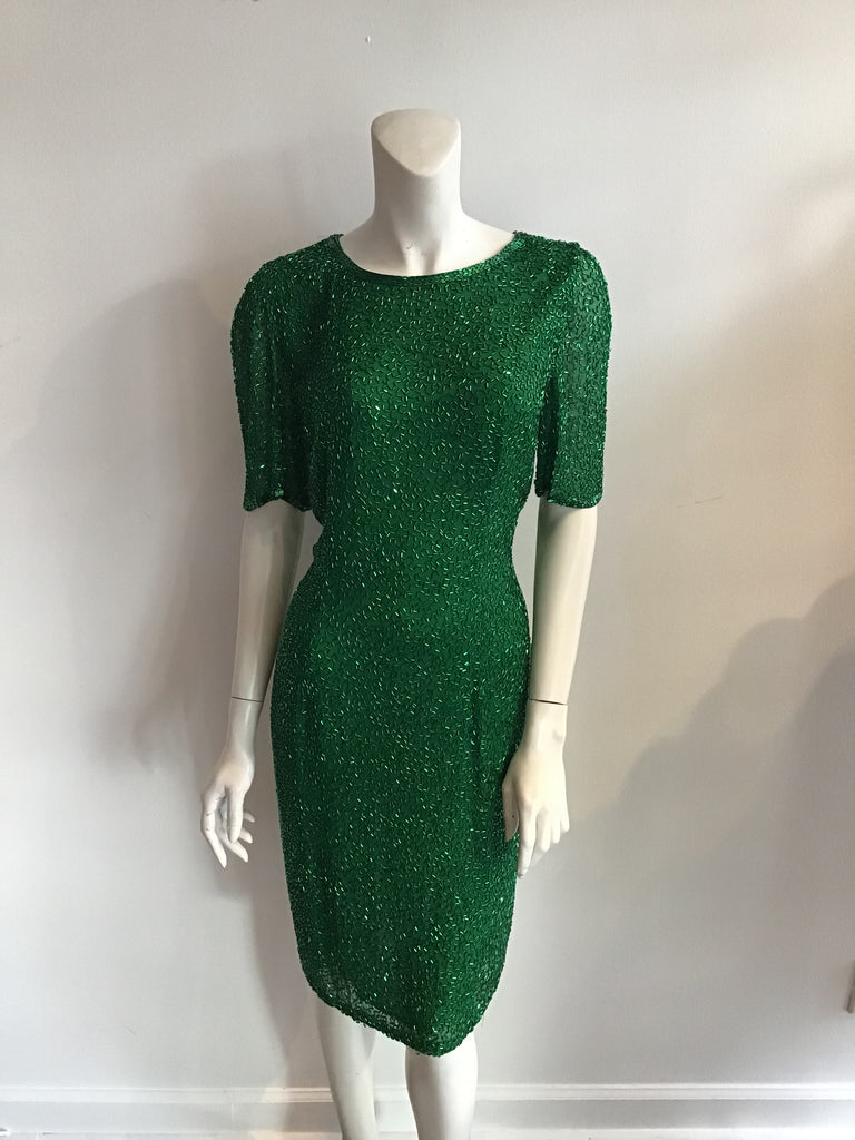 1980's Oleg Cassini "Black Tie" Emerald Green Bugle Beaded Cocktail Dress size 9/10