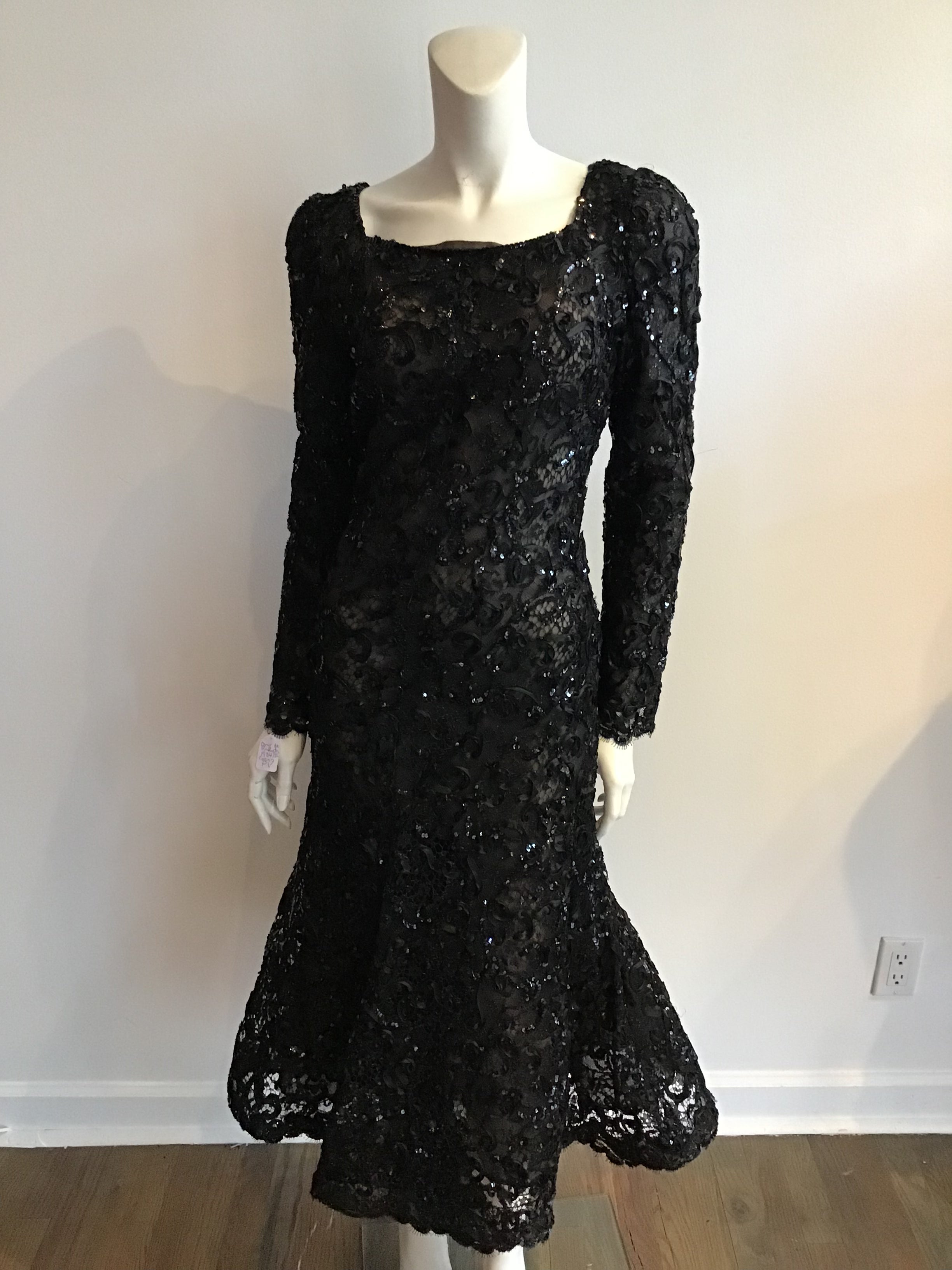 1980's Oscar De La Renta Black  Sequined Evening Dress Unworn  Size 8/9