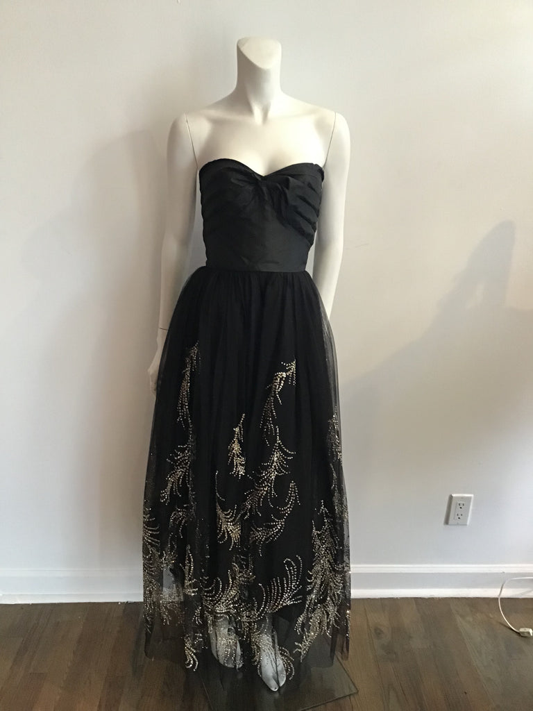 1980's Strapless Vicky Tiel Couture Black net Rhinestone and gold detailed Gown size 5/6