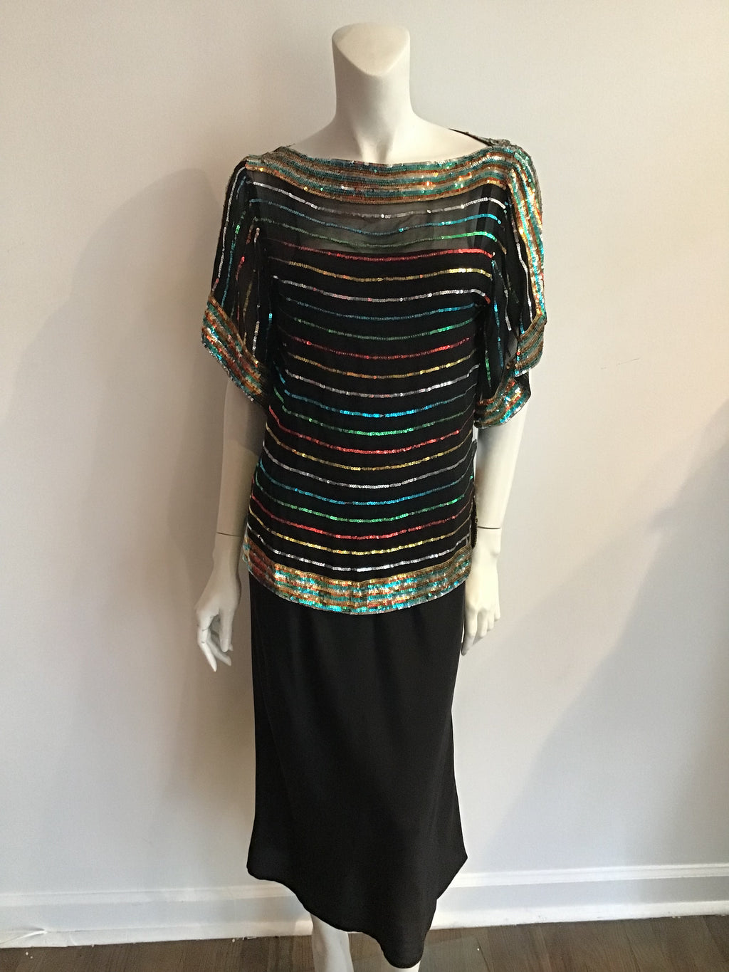 1980s Bonwit Teller Multicolor Sequined Evening Dress Size 8