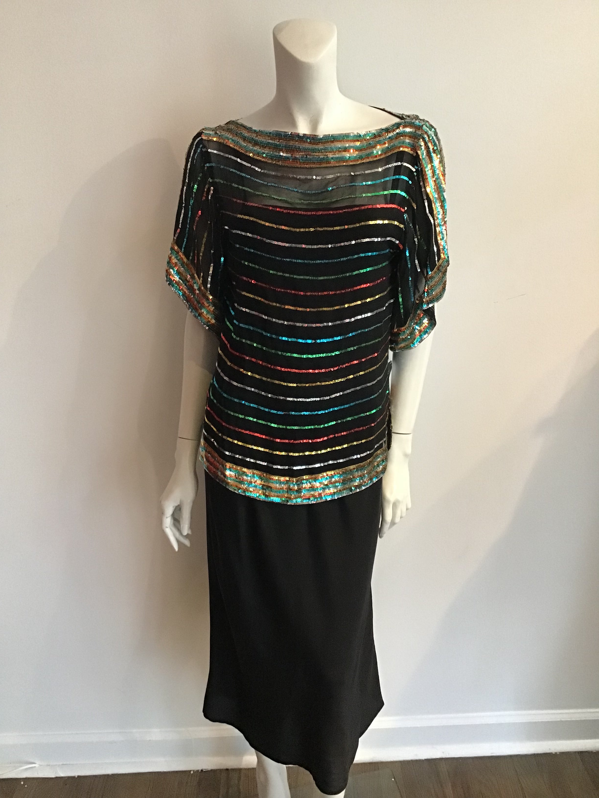 1980s Bonwit Teller Multicolor Sequined Evening Dress Size 8