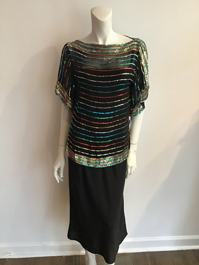 1980s Bonwit Teller Multicolor Sequined Evening Dress Size 8