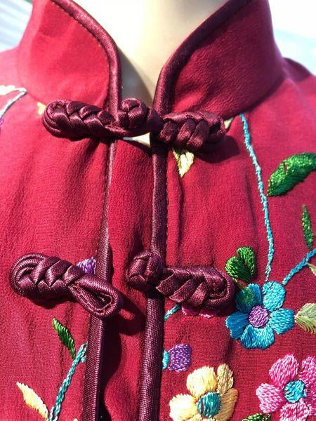 1990's Burgundy Silk Embroidered Flowers Chinese Blouse