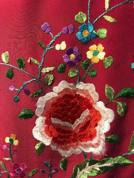 1990's Burgundy Silk Embroidered Flowers Chinese Blouse