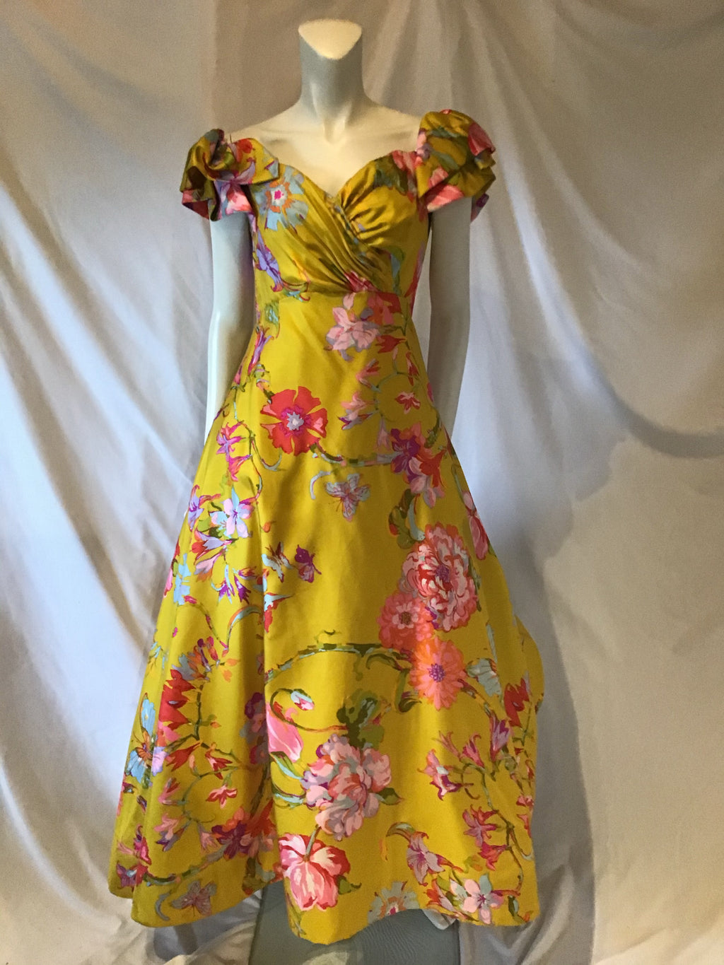 vintage 1990s yellow floral  silk printed ball gown 