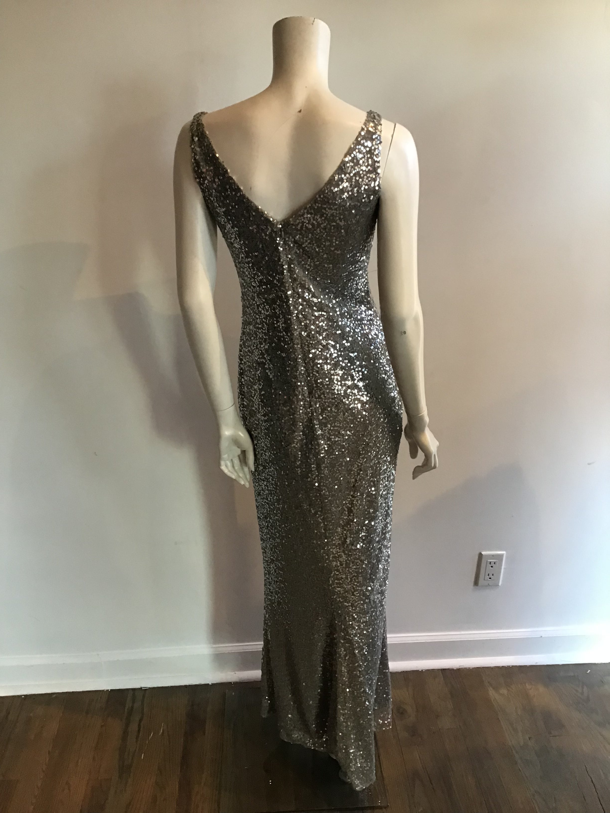 2000 Ralph Lauren Silver Sequined Evening Gown