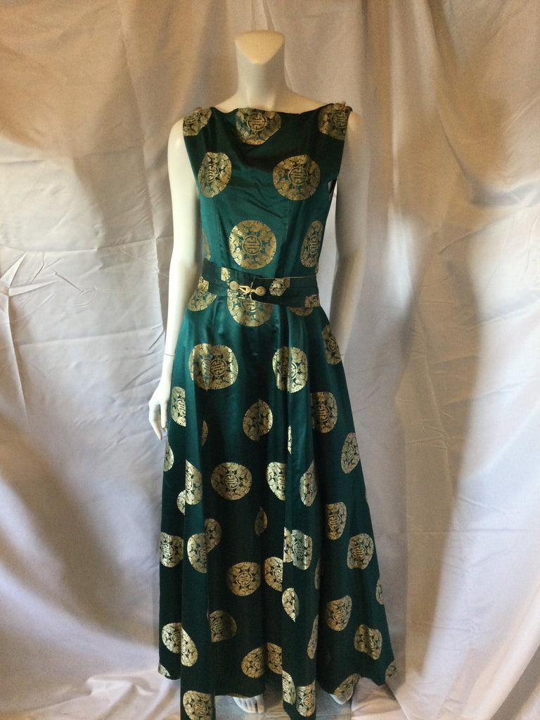 1990s asian printed green and gold silk gown