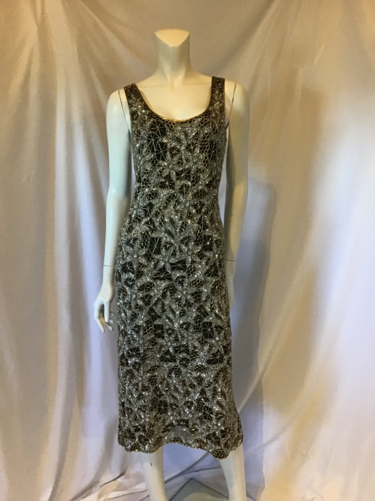 Exquisite vintage 1980s silver and gold beaded silk dress 