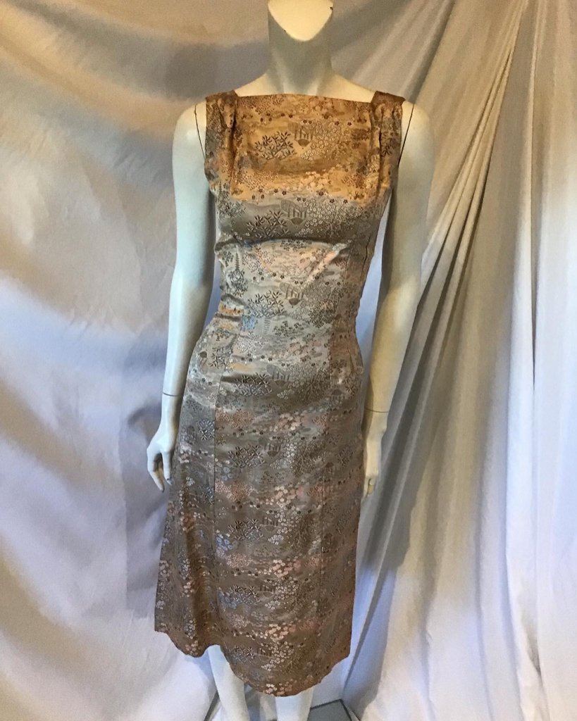 1950s Taupe silk Brocade Chinese Motif Cocktail dress with fishtail back