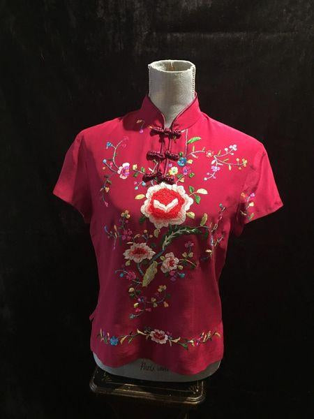 Chinese silk Burgundy  floral Embroidered  short sleeved blouse 1990s 