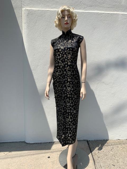 1950s vintage Chinese black and gold  silk brocade dress
