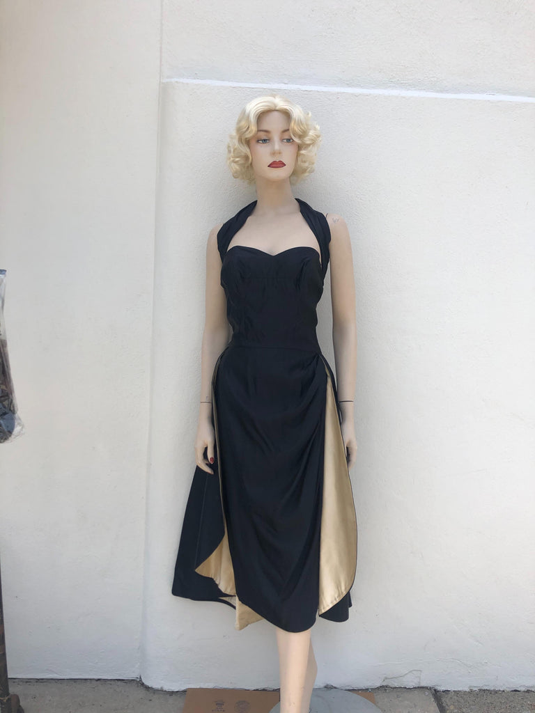 1950s Hallileeu Black silk Satin Marilyn Monroe Halter Dress
