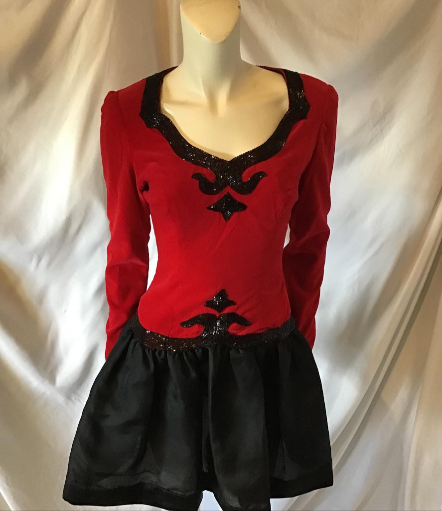 Red and Black Fabrice Vintage 1980s short cocktail dress with black bugel bead trim