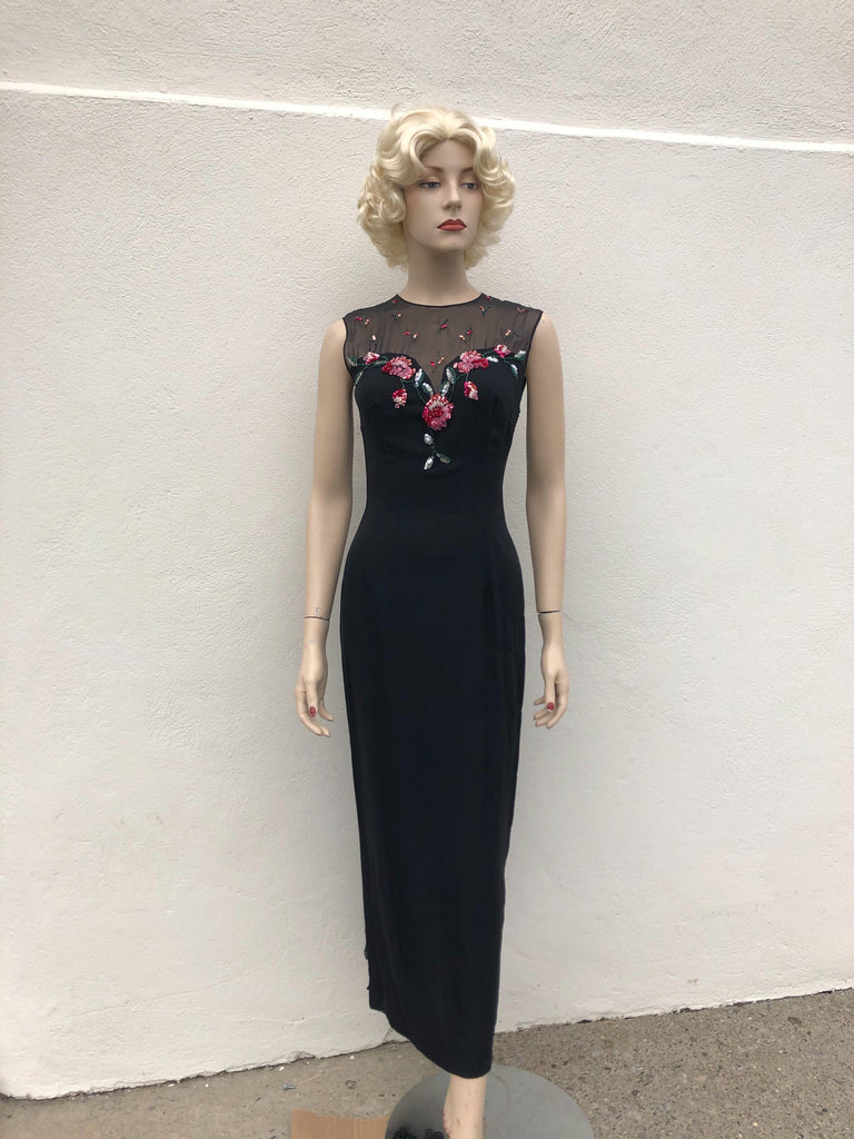 vintage 1960s Black Silk Chiffon  with pink beaded flowers on the bodice long dress with  Illusion topgown