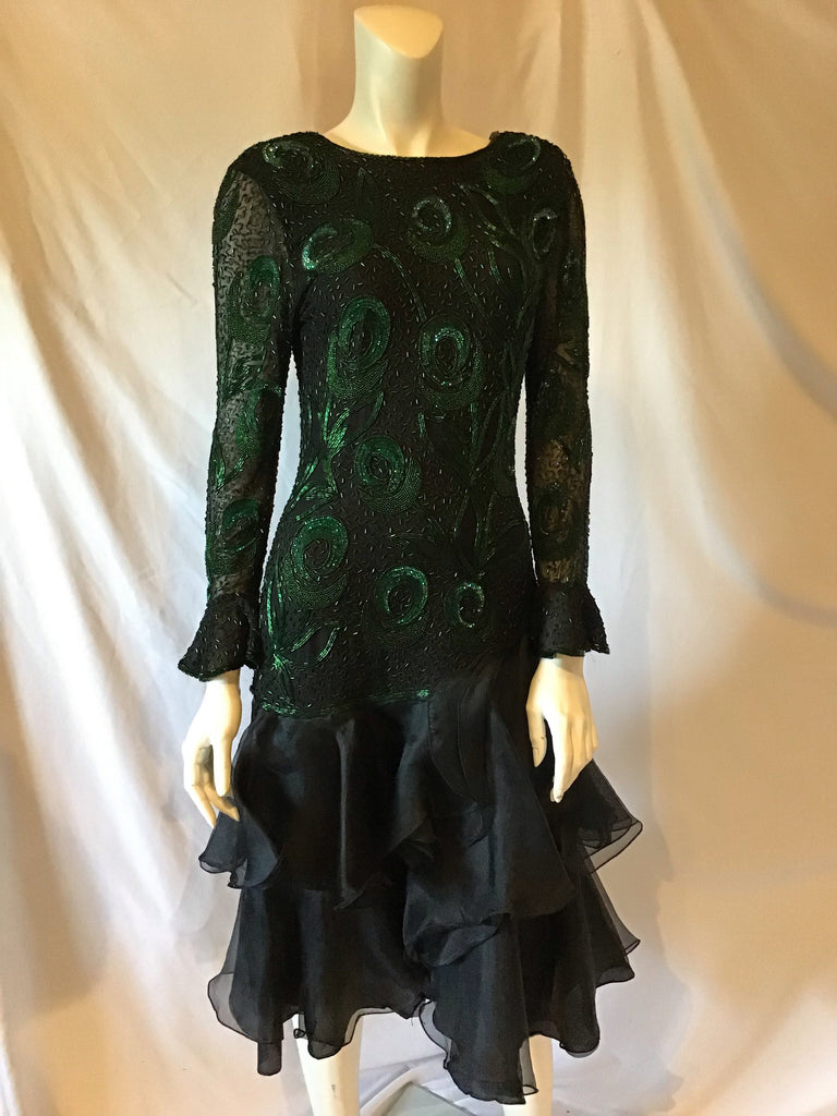 1980s Black and green  peacock beaded dress  ruffle skirt