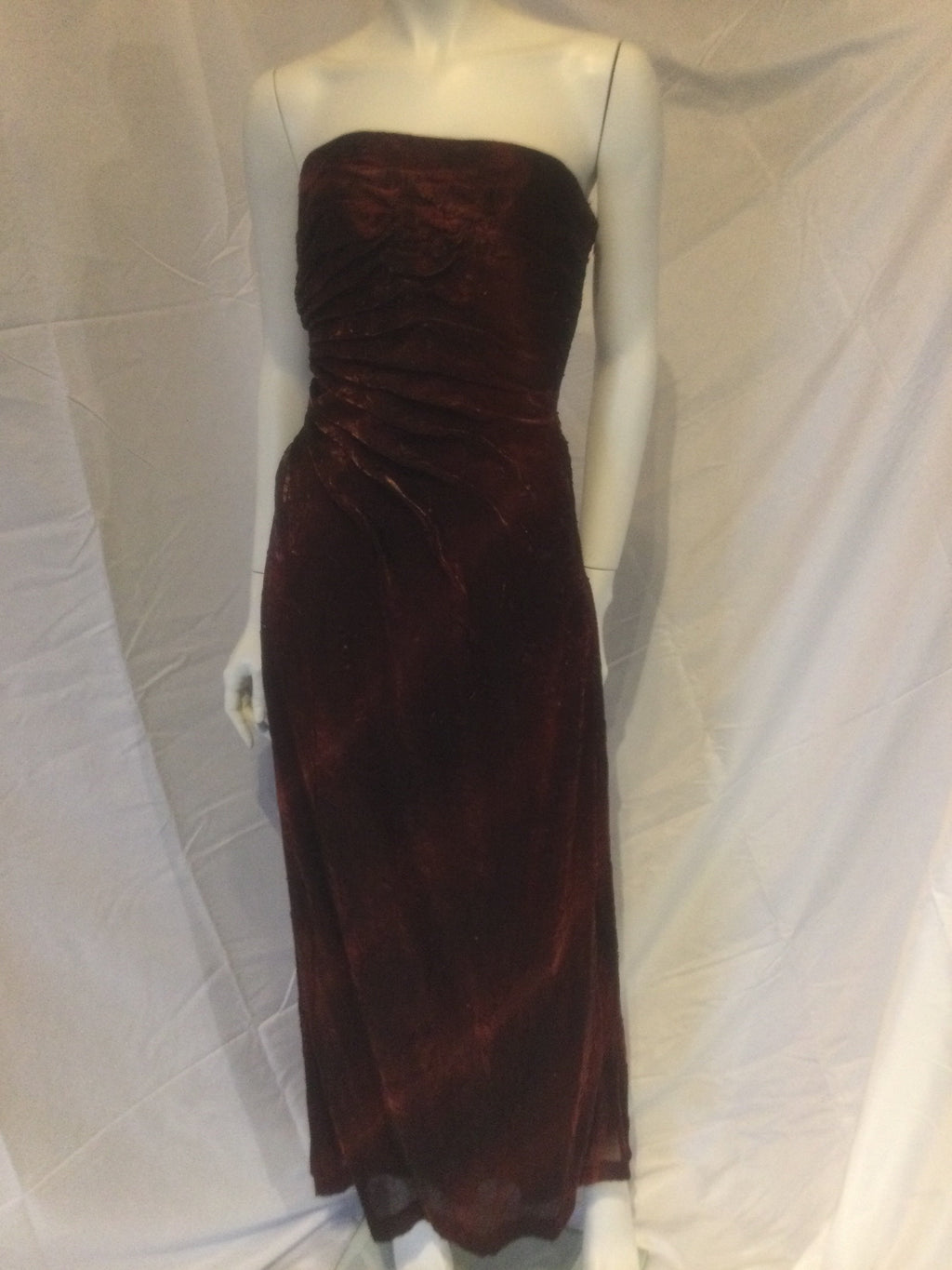 vintage carmen marc valvo 1980s maroon strapless gown with shawl