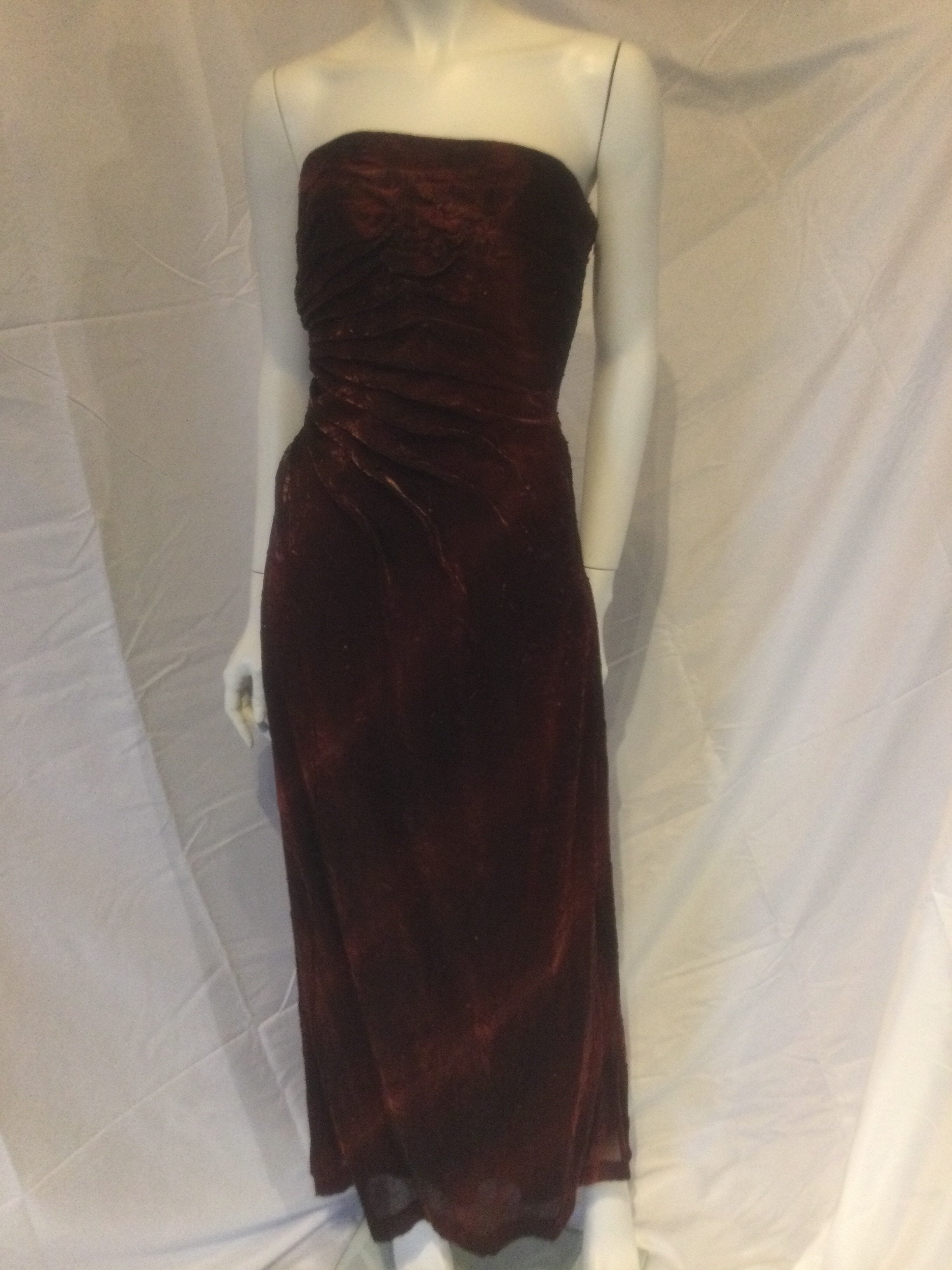 vintage carmen marc valvo 1980s maroon strapless gown with shawl