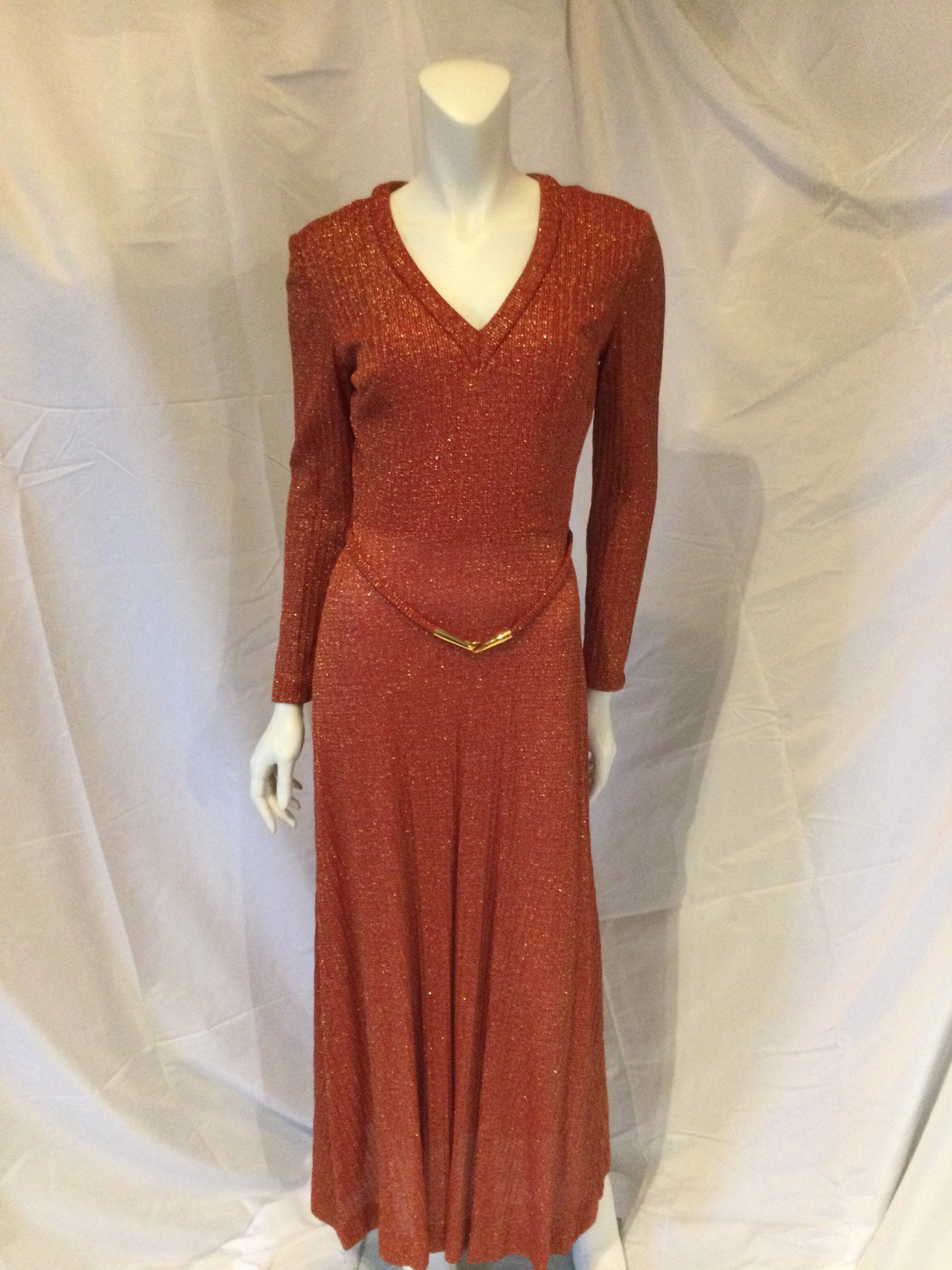 1970s tomatoe red and gold metallic knit long dress and jacket 