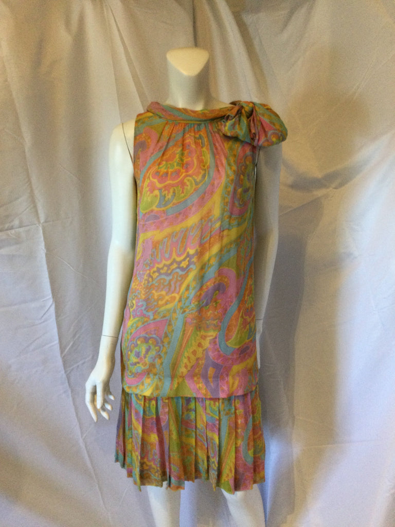 1960s Multicolor Pastel Printed Chiffon Shift Dress 