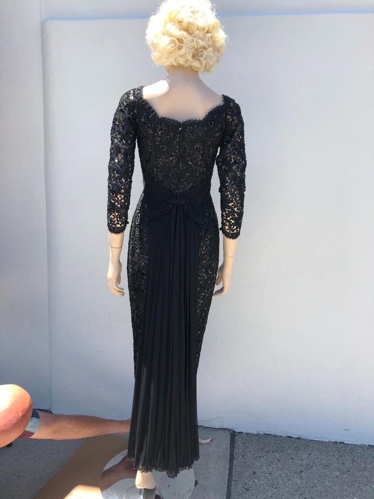 Vintage 1990s Vicky Tiel Couture Black Lace with sequin detail gown