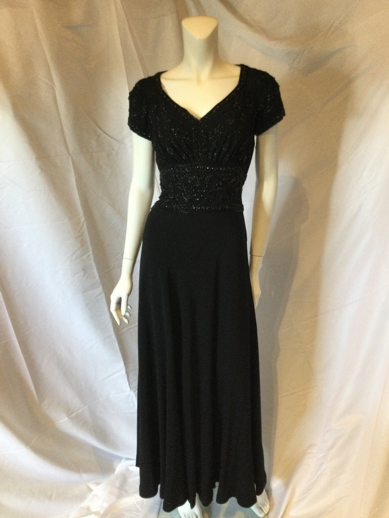 Vintage 1940s Ceil Chapman Black Rayon  crepe with heavily beaded bodice evening gown