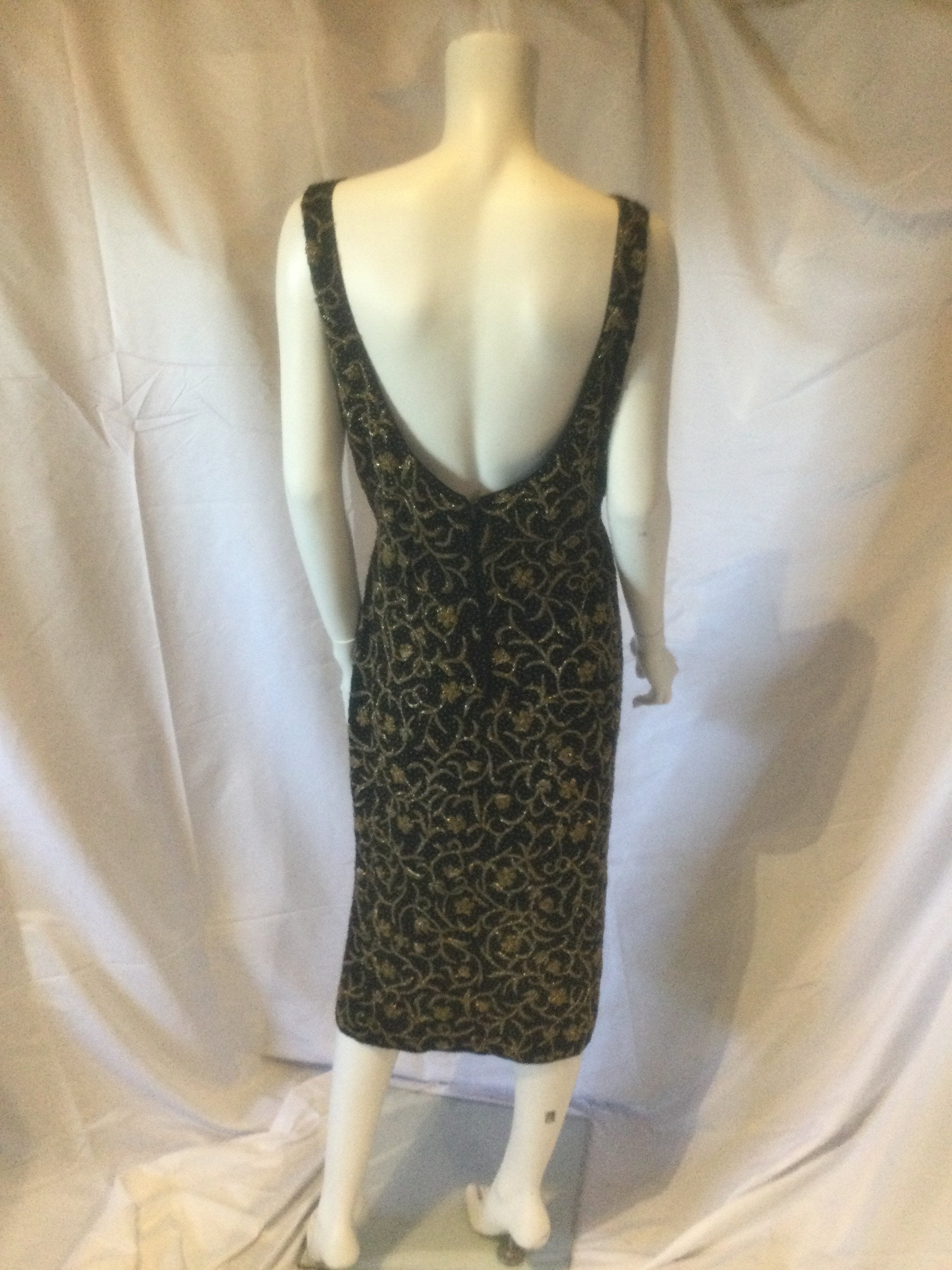 1950s Gold beaded black knit dress