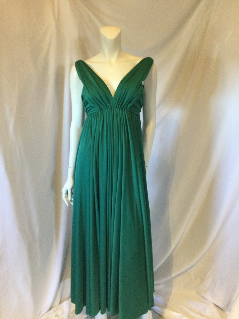 vintage 1970s IB Jorgensen pleated polyester green maxi gown