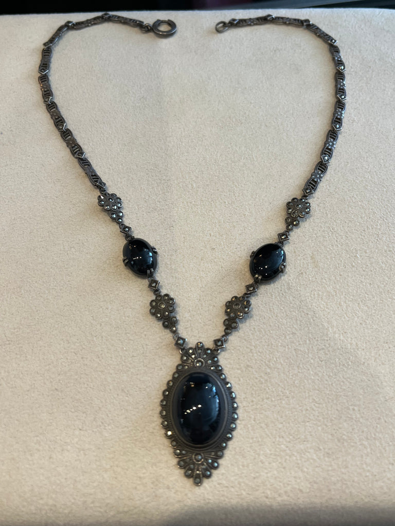 Art Deco Sterling  Onyx and Marcasite Necklace