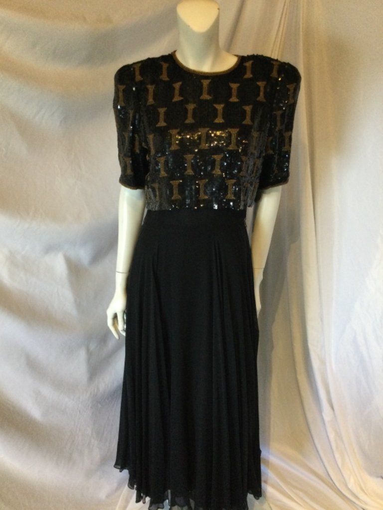 Richilene Black and Gold Sequinned Vintage 80s Evening gown 8