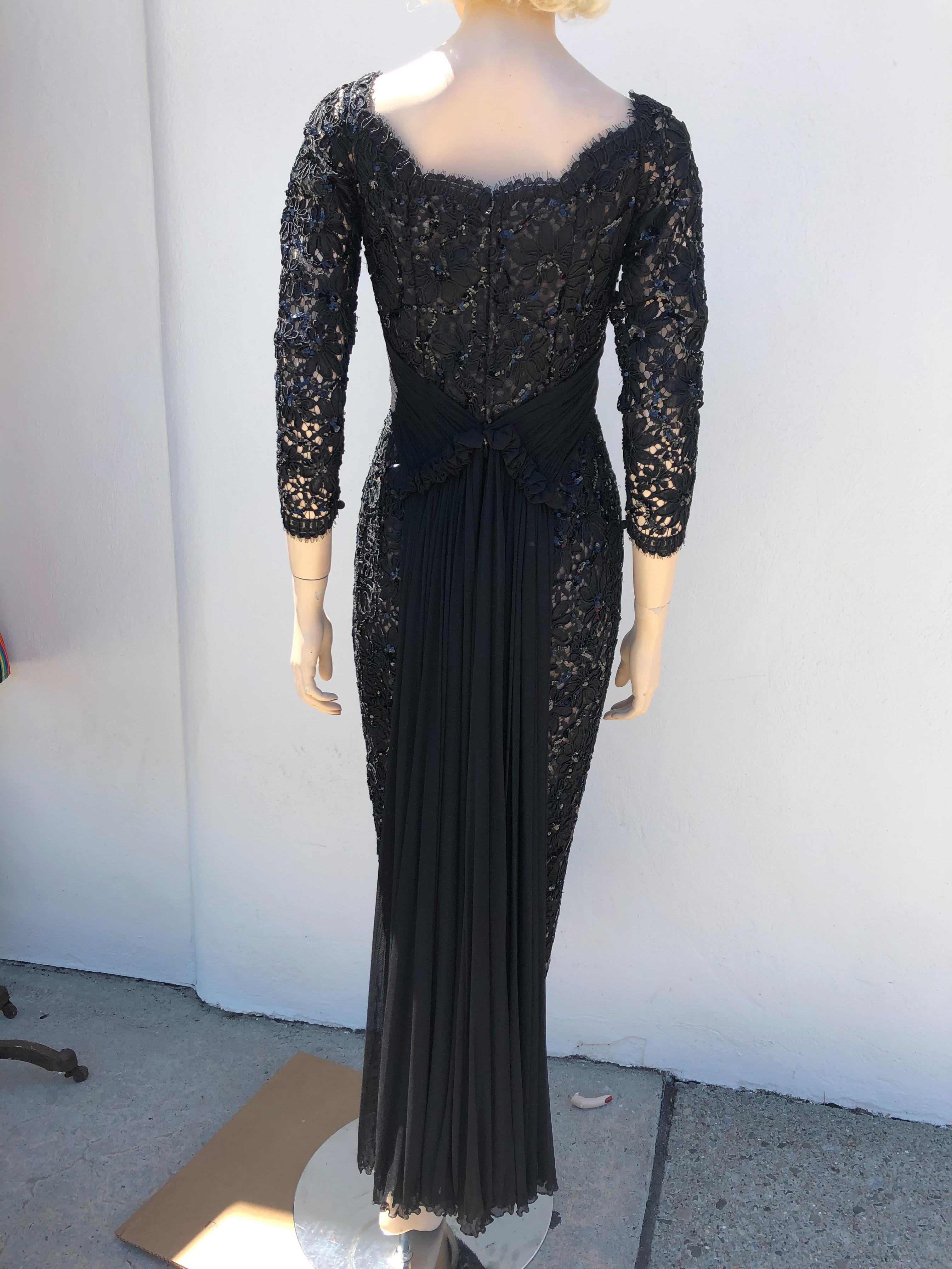 Vicky Tiel Vintage Couture  1990's Black Lace and Sequins Evening  Dress-size 6/8