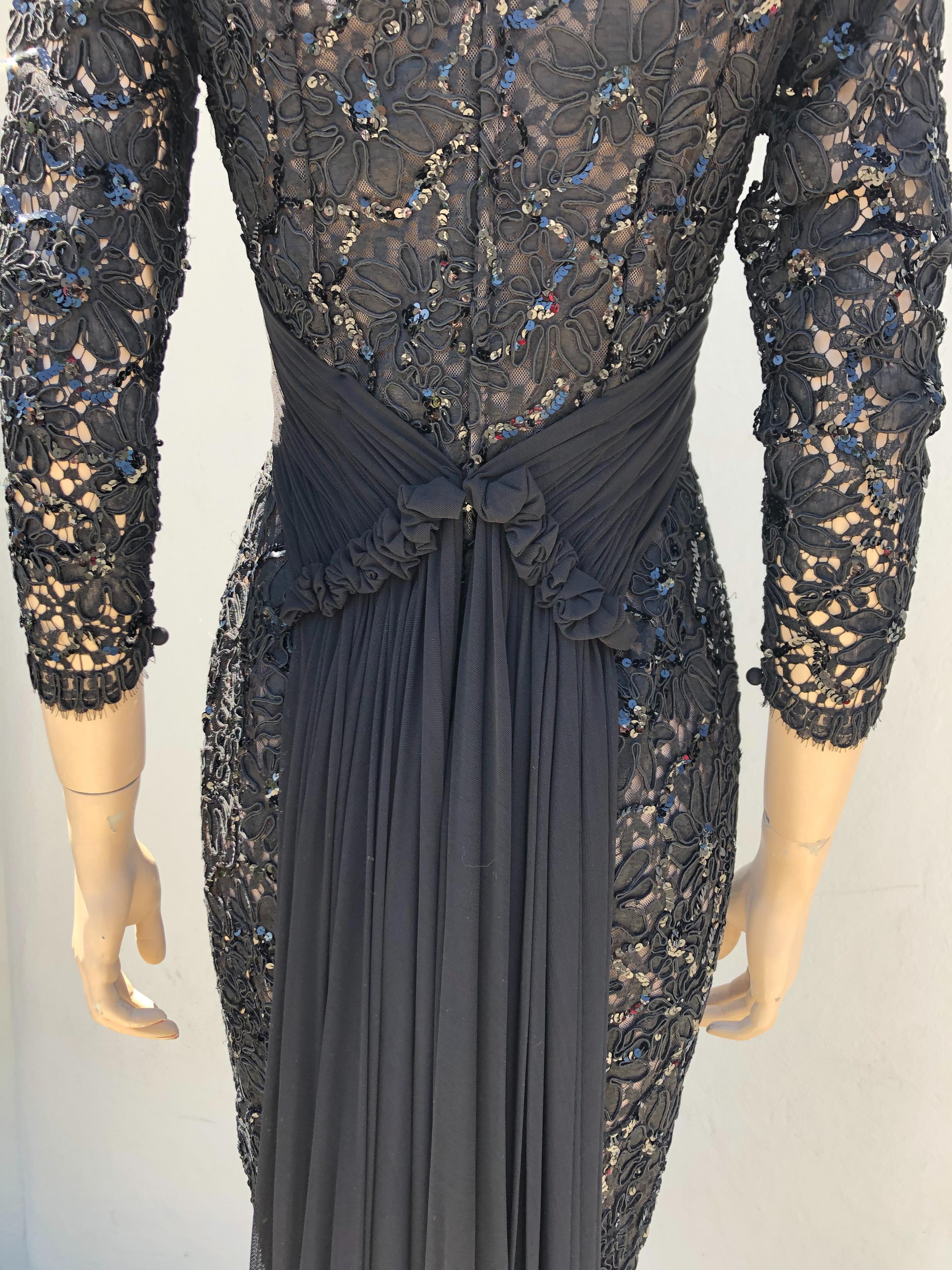 Vicky Tiel Vintage Couture  1990's Black Lace and Sequins Evening  Dress-size 6/8