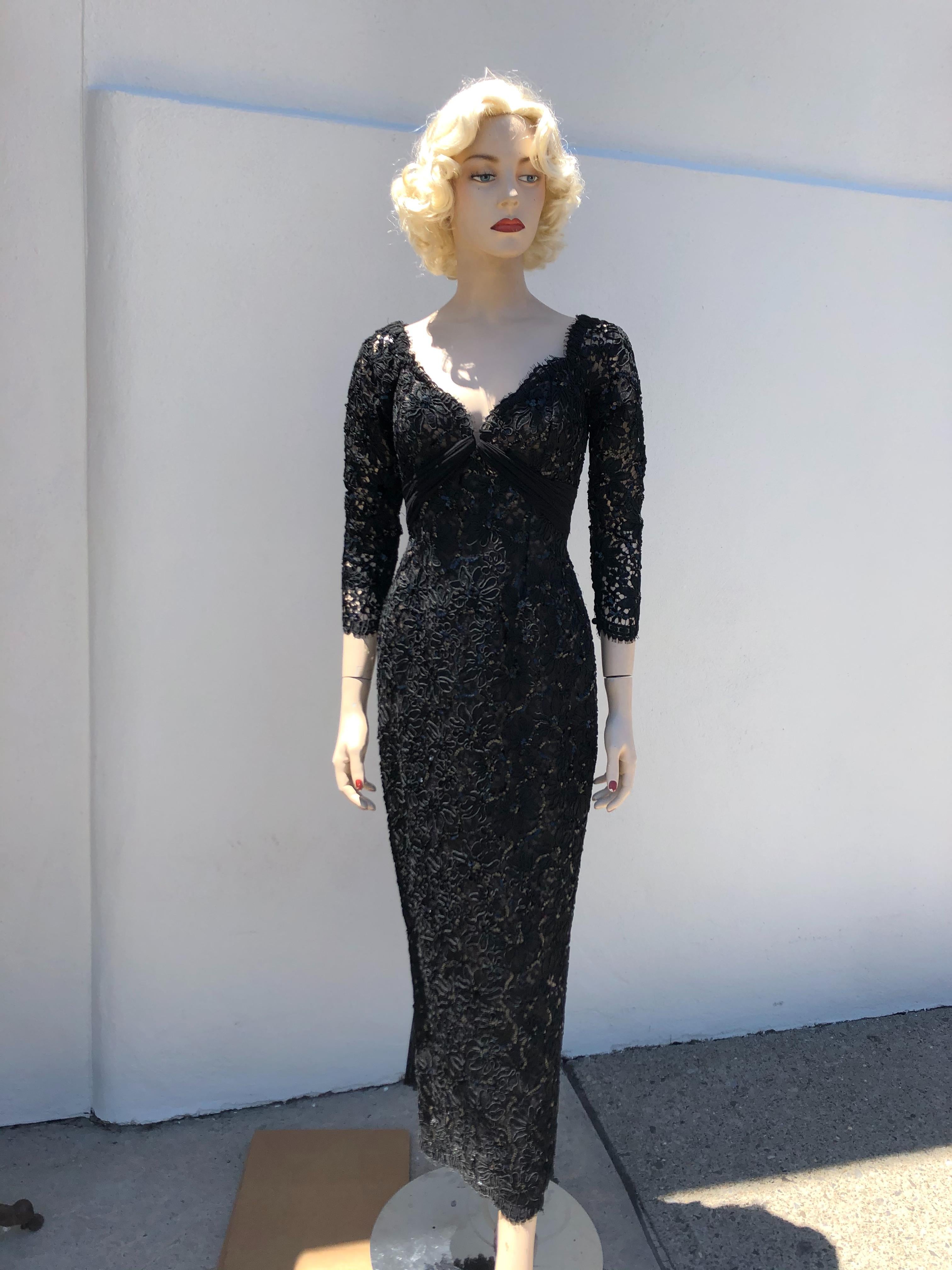 Vicky Tiel Vintage Couture 1990's Black Lace and Sequins Evening Dress-size 6/8 Vicky Tiel Vintage Couture 1990's Black Lace and Sequins Evening Dress-size 6/8
