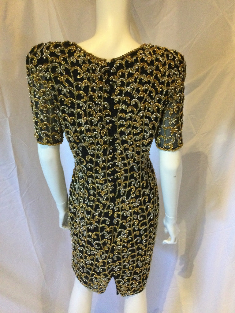 Vintage 1980s Oleg Cassini Black Silk with Gold and Silver Beading Cocktail Dress-size 8
