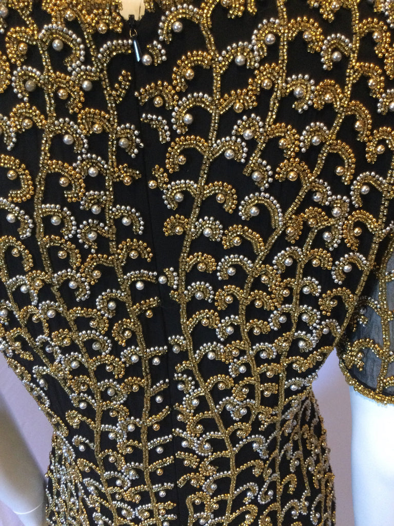 Vintage 1980s Oleg Cassini Black Silk with Gold and Silver Beading Cocktail Dress-size 8
