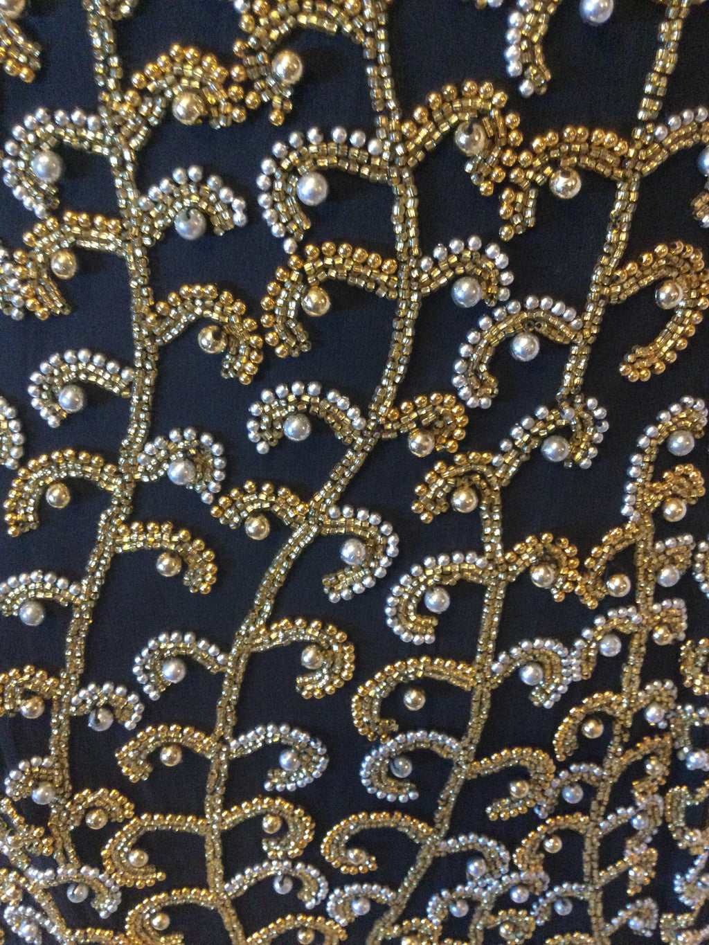 Vintage 1980s Oleg Cassini Black Silk with Gold and Silver Beading Cocktail Dress-size 8
