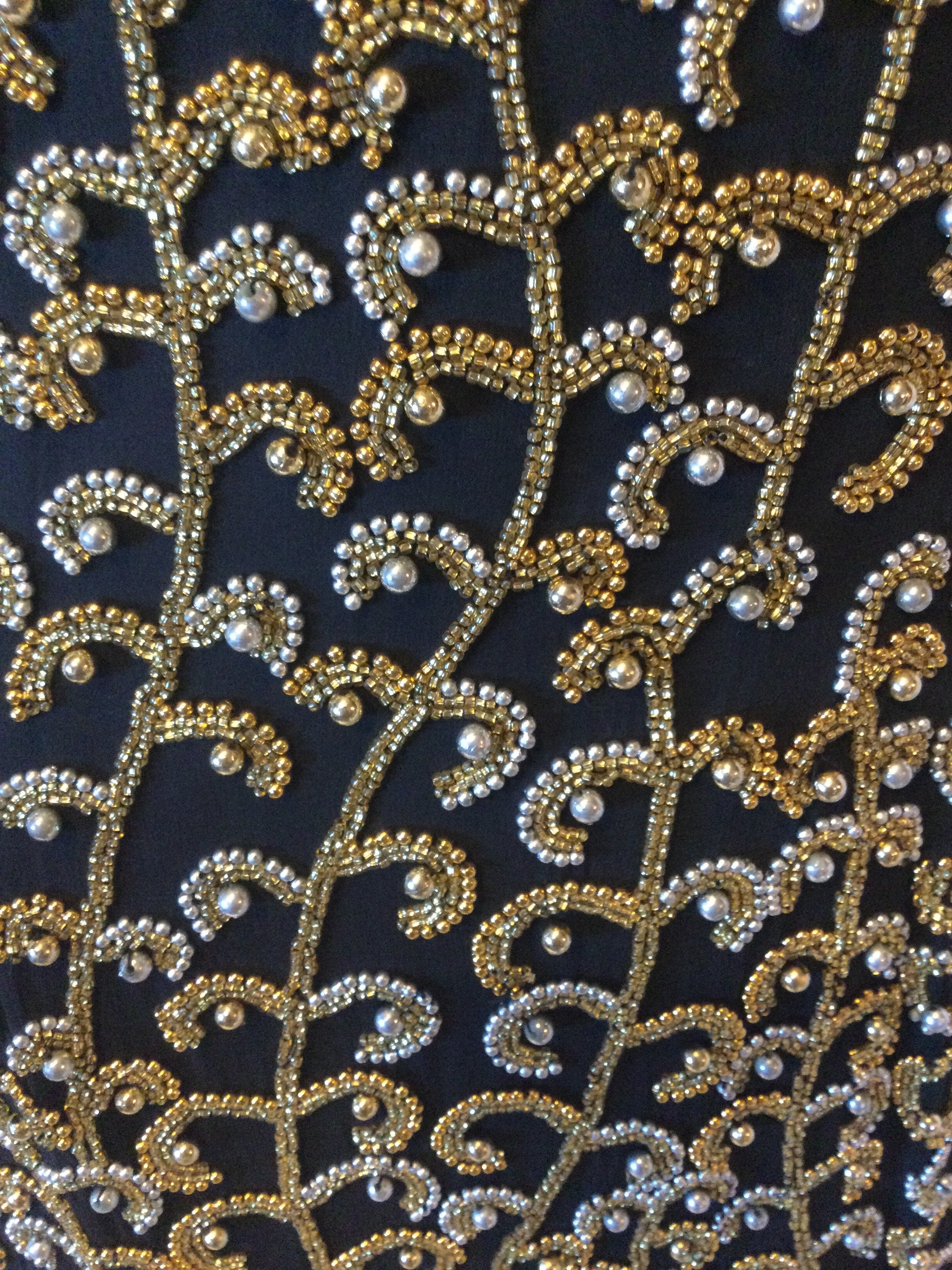 Vintage 1980s Oleg Cassini Black Silk with Gold and Silver Beading Cocktail Dress-size 8
