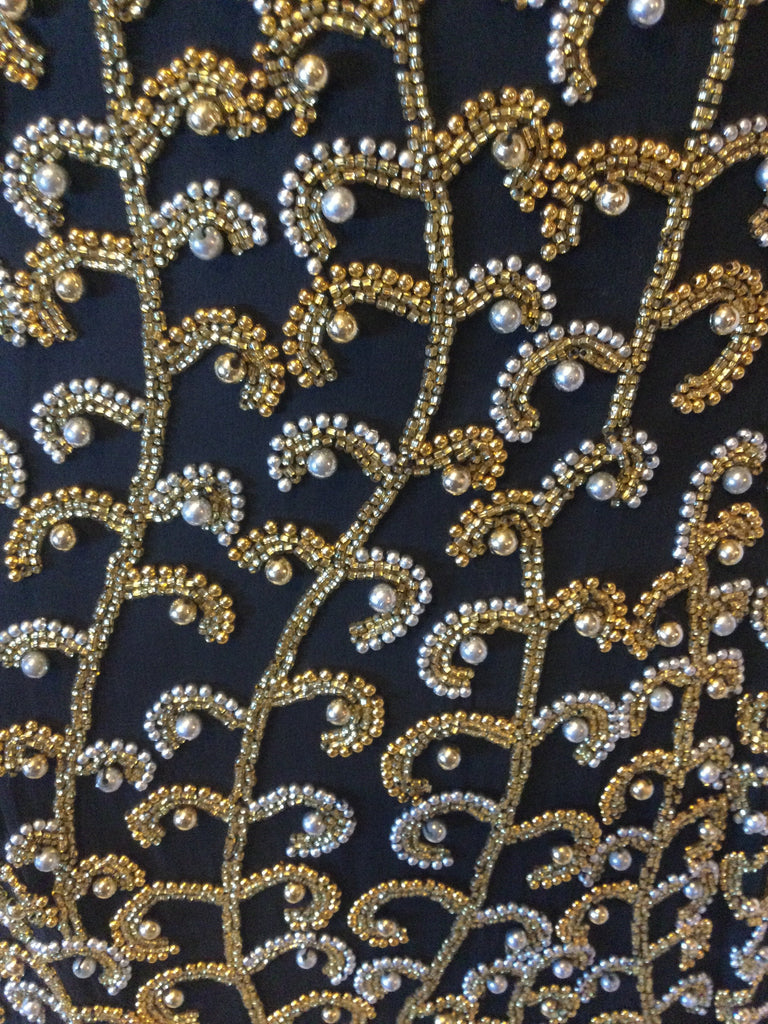 Vintage 1980s Oleg Cassini Black Silk with Gold and Silver Beading Cocktail Dress-size 8
